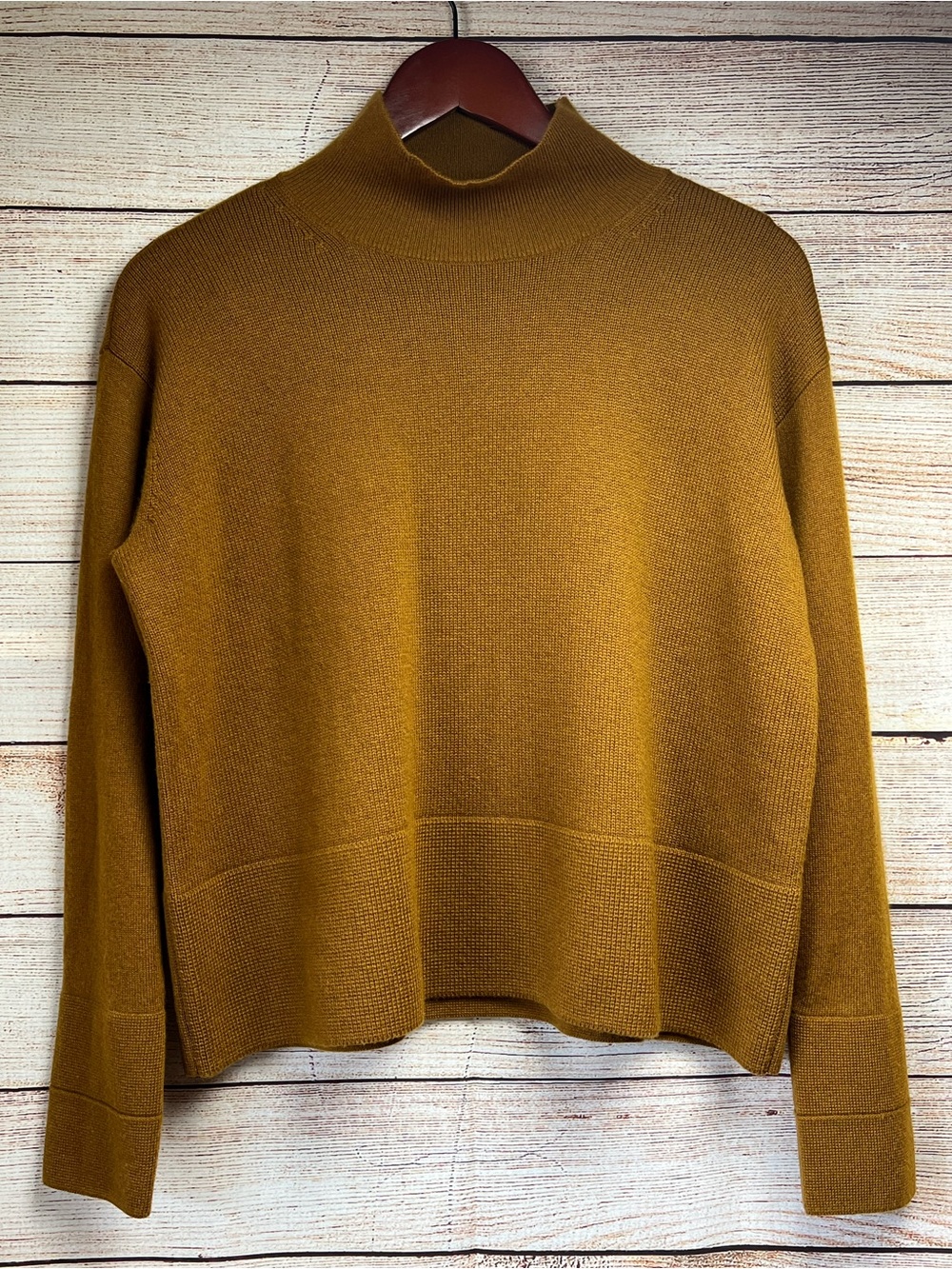 Everlane 100% Cashmere Square Mock Turtleneck Oversized Boxy Sweater Sz S Brass